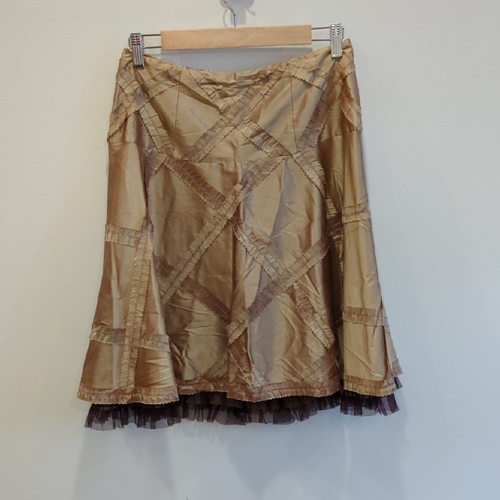 Nanette Lepore Y2K Girly Flirty Gold silk lace ruffle flare skirt Size 2